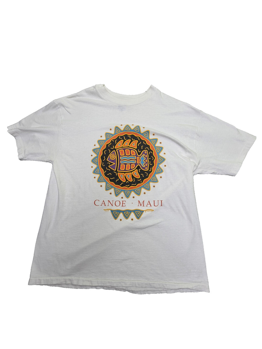 VTG 90s Canoe Maui Hawaii Fish T Shirt L Single Stitch Puff Paint Hanes Beefy